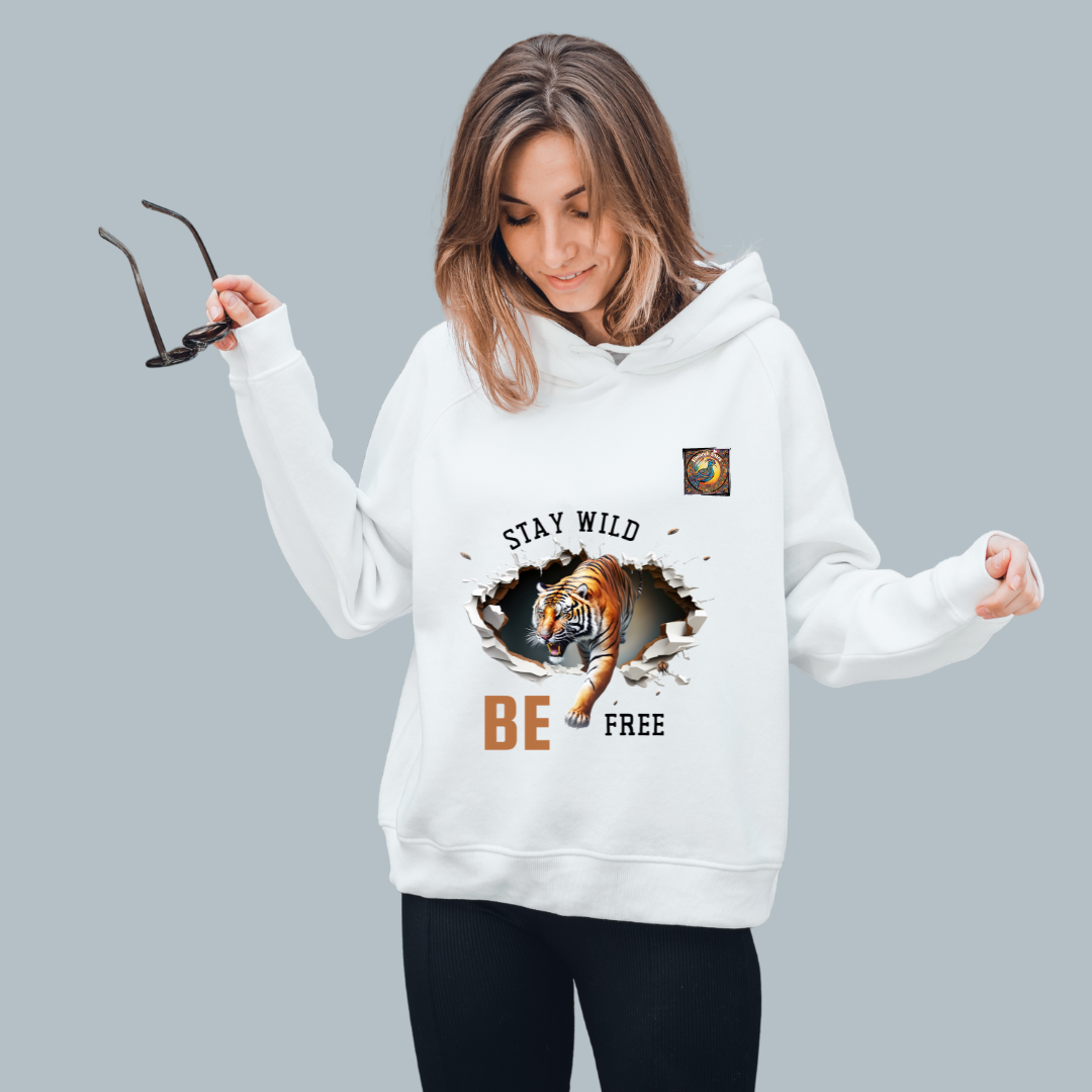 Unisex Stay Wild Be Free Tiger Hoodie Autumn Winter Long Sleeve Pullover Animal Theme Sweatshirt Realistic Graphic Hoodie | All Sizes Available